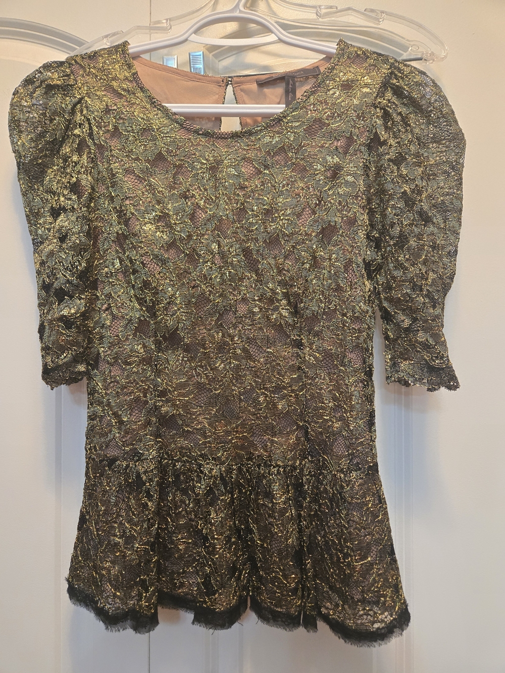 BCBGMaxAzria Womens Black and Gold Lace Peplum Top With Bottom Flare